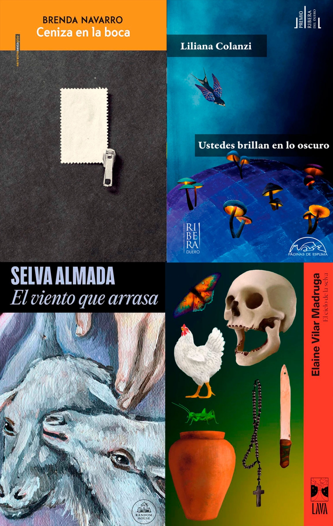 ‘Ceniza en la boca’, Brenda Navarro, 'Ustedes brillan en lo oscuro’, Liliana Colanzi, ‘El viento que arrasa’, Selva Almada y 'El cielo de la selva’, Elaine Vilar Madruga